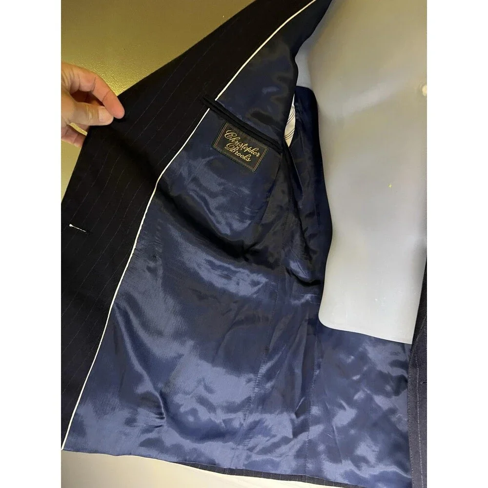Christopher Brooks Suit Jacket Mens 41R Blue Pinstripe Double Breasted Wool